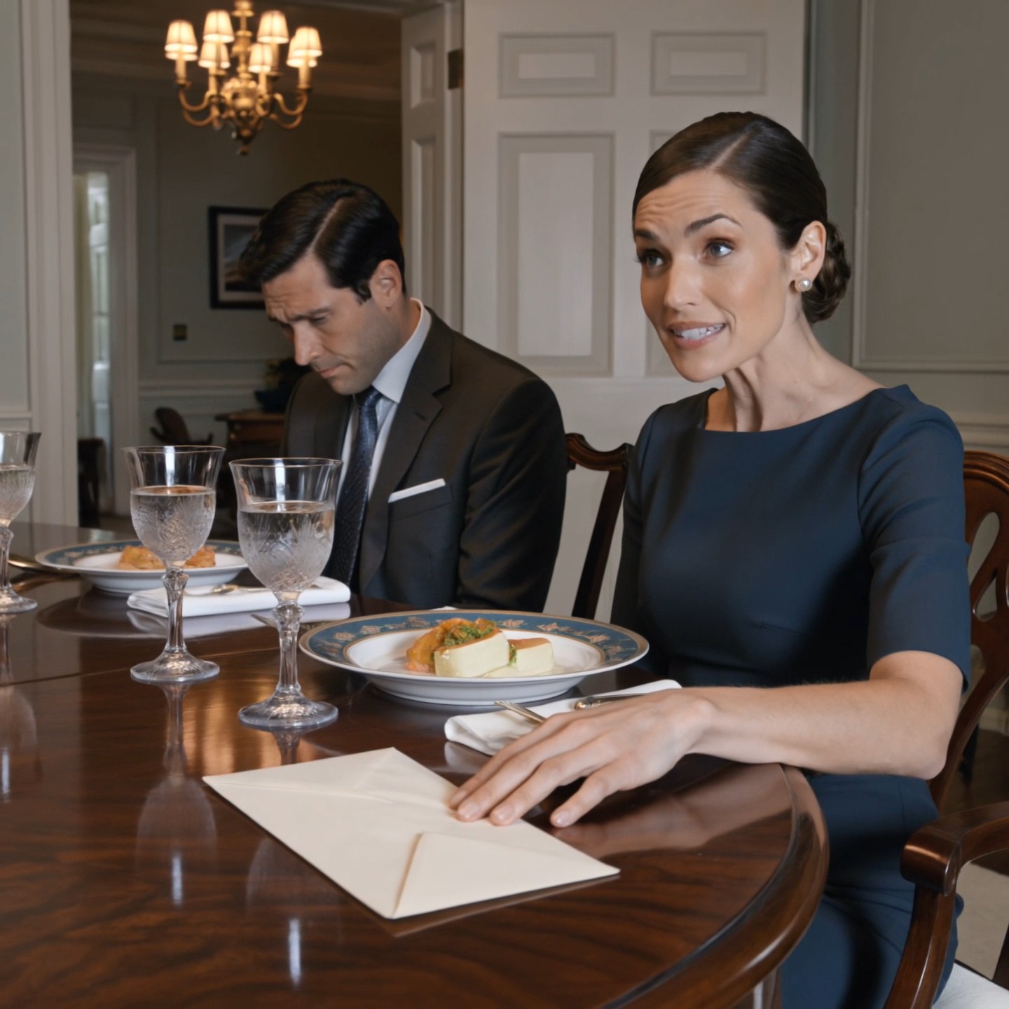 A boríték átsiklott a fényes tölgyfaasztalon, és olyan halkan állt meg a tányérom mellett, hogy egy pillanatra szinte udvariasnak tűnt. Robert Harper még egy pillanatig rajta tartotta két ujját, mintha azt akarná, hogy megértsem a benne lévő számot, mielőtt egyáltalán ránéznék. Vele szemben Margaret a csillár alatt ült azzal a higgadt, vidéki klubos mosollyal, amit a nők akkor viselnek, amikor már eldöntötték, hogyan zárják az estét. A férjem a vizespoharát bámulta. Halk dzsessz szűrődött be a nappaliból. Kristály. Lenvászon. Katonai precizitással elhelyezett evőeszközök. Ez az a fajta vacsora volt, ahol senki sem emelte fel a hangját, de minden mondat tárgyalásra készült.