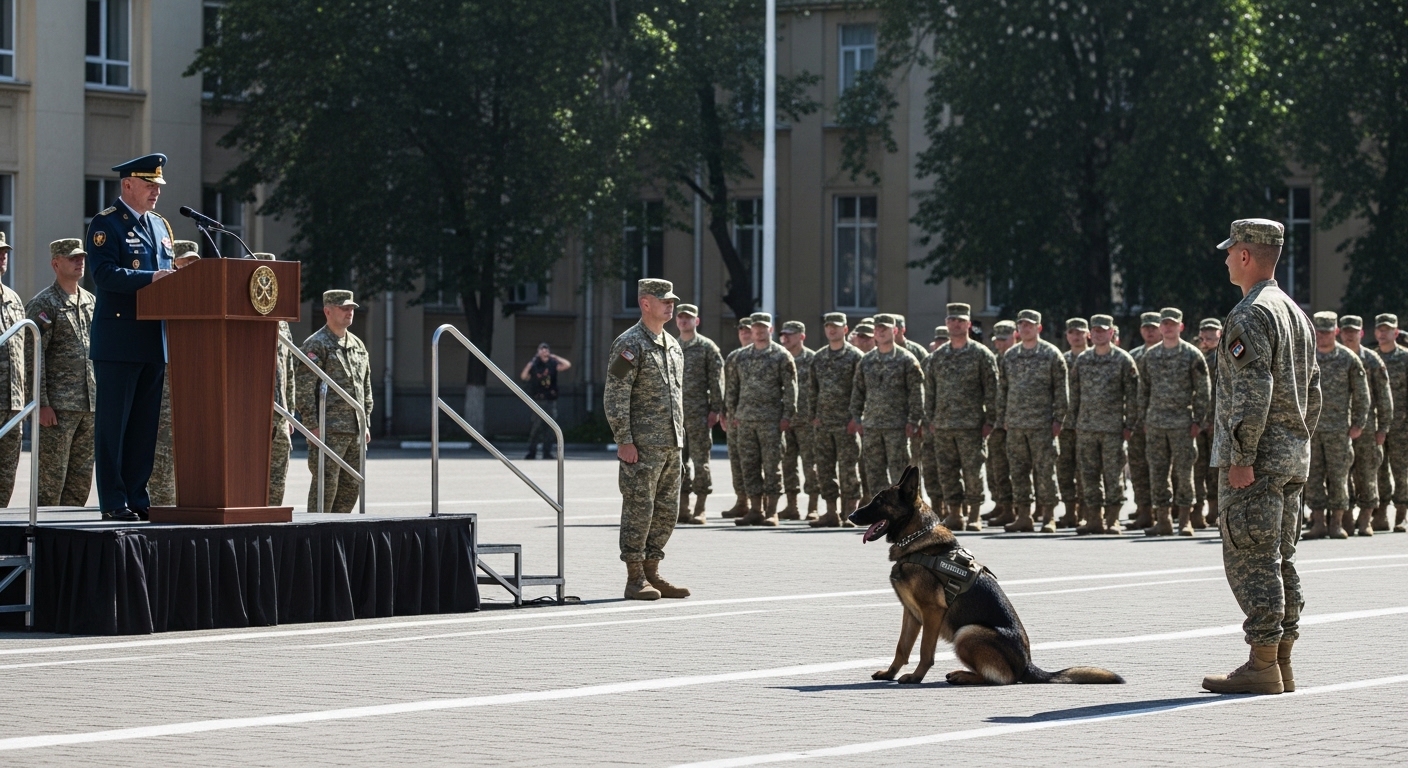 A bázisparancsnok már a kitüntetés átadásának felénél járt, amikor a korábbi K9-esem elfordult, hogy leüljön az ottfelejtett csizmáimhoz.